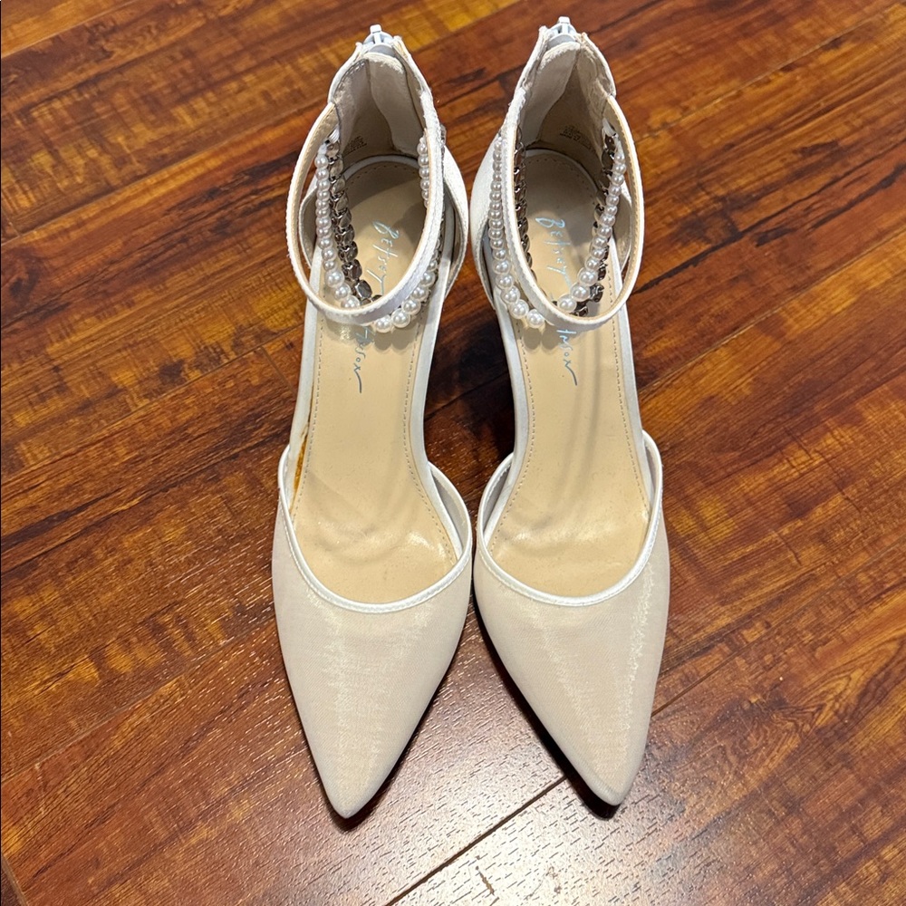 Betsey Johnson Tegan White Pearl & Rhinestone Ankle Strap Heels - Picture 2 of 4